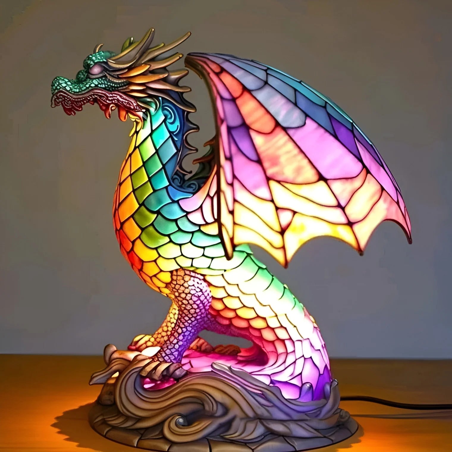 Gribouille – Lampe dragon magique en verre coloré